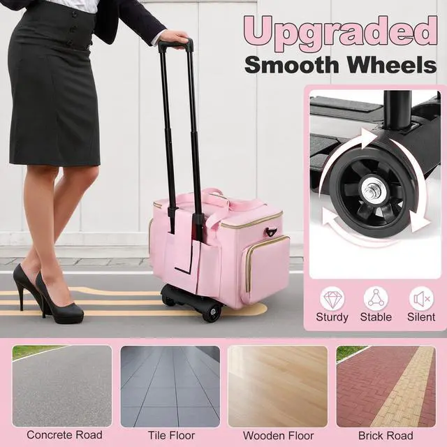 Alt view image 4 of 5 - Housolution Rolling Teacher Bag with Wheels, Fits for 17" Laptop, Teacher Tote Bag with Detachable Trolley, Laptop Work Case with Anti Theft Lock, Briefcase Cart with Accordion File Organizer, Pink