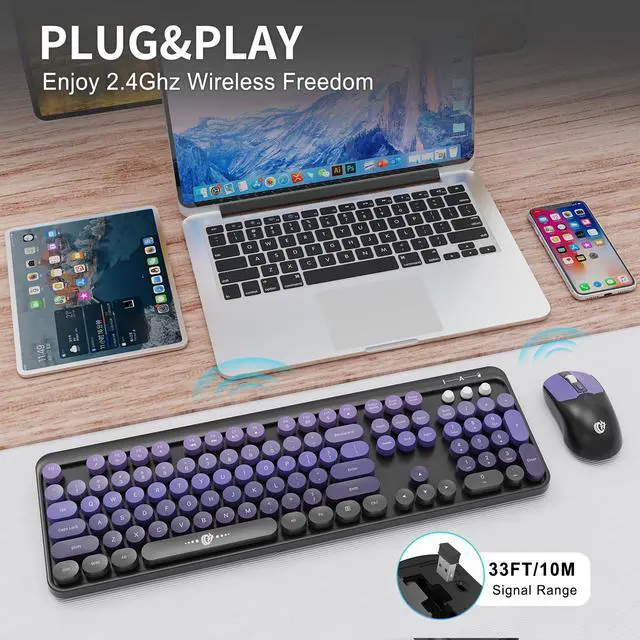 Alt view image 2 of 5 - FD Wireless Keyboard and Mouse Combo | Cute Colorful Keyboard and Mouse with 2.4GHz Cordless Retro Typewriter Keyboard | Auto-Sleep | USB Receiver for Windows PC/Laptop - Black Purple Gradient
