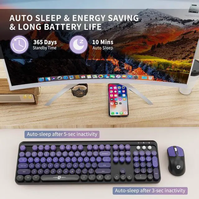 Alt view image 5 of 5 - FD Wireless Keyboard and Mouse Combo | Cute Colorful Keyboard and Mouse with 2.4GHz Cordless Retro Typewriter Keyboard | Auto-Sleep | USB Receiver for Windows PC/Laptop - Black Purple Gradient