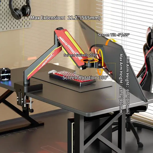 Alt view image 4 of 5 - Heavy Duty Monitor Arm for Ultrawide Screen up to 49 inches,44 lbs,Gas Spring Desk Mount Stand, Premium Fully Adjustable Bracket with C Clamp, Grommet Base, VESA 75x75/100x100mm (Black)