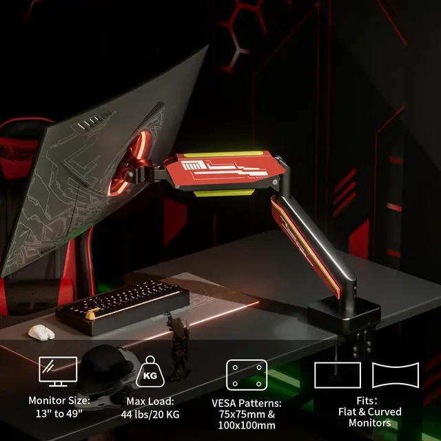 Alt view image 2 of 5 - Heavy Duty Monitor Arm for Ultrawide Screen up to 49 inches,44 lbs,Gas Spring Desk Mount Stand, Premium Fully Adjustable Bracket with C Clamp, Grommet Base, VESA 75x75/100x100mm (Black)