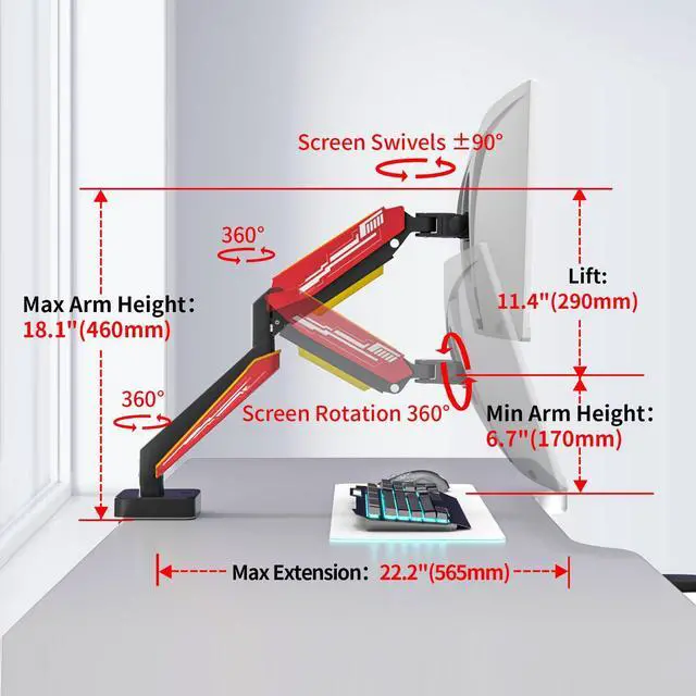 Alt view image 3 of 5 - Heavy Duty Monitor Arm for Ultrawide Screen up to 49 inches,44 lbs,Gas Spring Desk Mount Stand, Premium Fully Adjustable Bracket with C Clamp, Grommet Base, VESA 75x75/100x100mm (Black)