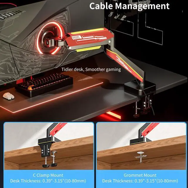 Alt view image 5 of 5 - Heavy Duty Monitor Arm for Ultrawide Screen up to 49 inches,44 lbs,Gas Spring Desk Mount Stand, Premium Fully Adjustable Bracket with C Clamp, Grommet Base, VESA 75x75/100x100mm (Black)