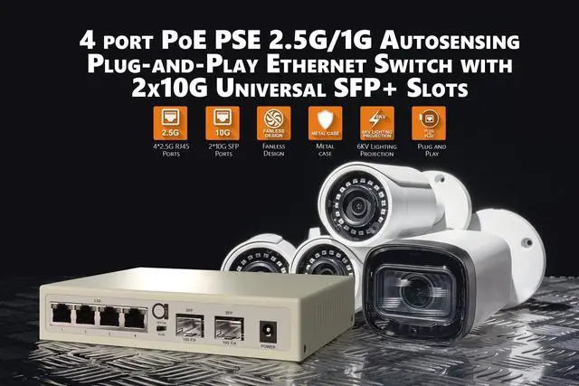 Alt view image 3 of 5 - 6-Port 2.5G PoE Unmanaged Ethernet Switch, 4 x 2.5G Base-T, 2 x 10G SFP+, VLAN Isolation, Supports 100/1000/2500Mbps, Fanless Metal Design, Desktop/Wall Mount, Ideal for WiFi AP, PoE Devices