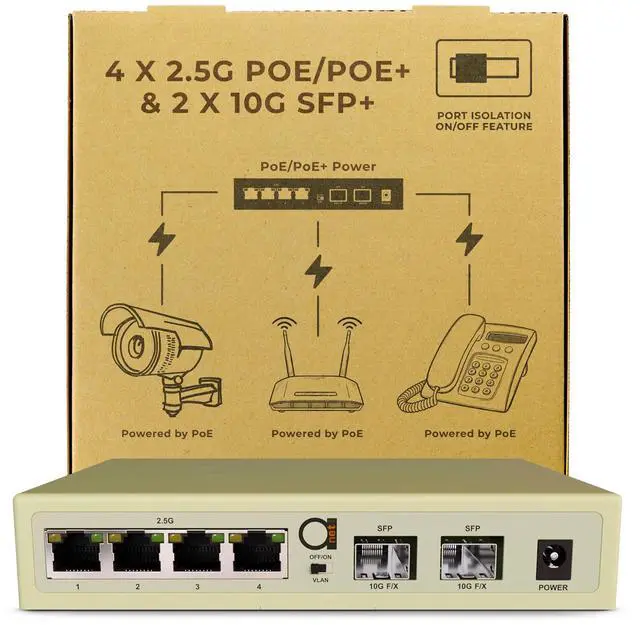 Main image of 6-Port 2.5G PoE Unmanaged Ethernet Switch, 4 x 2.5G Base-T, 2 x 10G SFP+, VLAN Isolation, Supports 100/1000/2500Mbps, Fanless Metal Design, Desktop/Wall Mount, Ideal for WiFi AP, PoE Devices