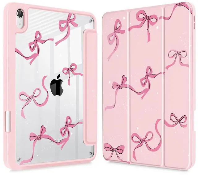 Main image of May Chen Slim Case for iPad mini 7 (A17 Pro, 7th Generation) 2024 / iPad mini 6 (6th Gen) 8.3 Inch, [Built-in Pencil Holder] Shockproof Cover Clear Clear Back Shell Auto Wake/Sleep, Pink Stars Bow