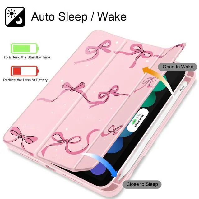 Alt view image 3 of 5 - May Chen Slim Case for iPad mini 7 (A17 Pro, 7th Generation) 2024 / iPad mini 6 (6th Gen) 8.3 Inch, [Built-in Pencil Holder] Shockproof Cover Clear Clear Back Shell Auto Wake/Sleep, Pink Stars Bow