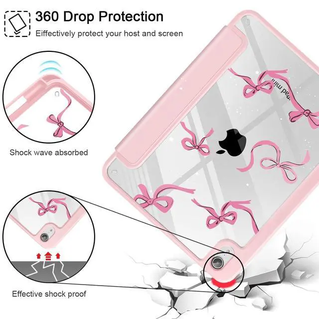 Alt view image 5 of 5 - May Chen Slim Case for iPad mini 7 (A17 Pro, 7th Generation) 2024 / iPad mini 6 (6th Gen) 8.3 Inch, [Built-in Pencil Holder] Shockproof Cover Clear Clear Back Shell Auto Wake/Sleep, Pink Stars Bow