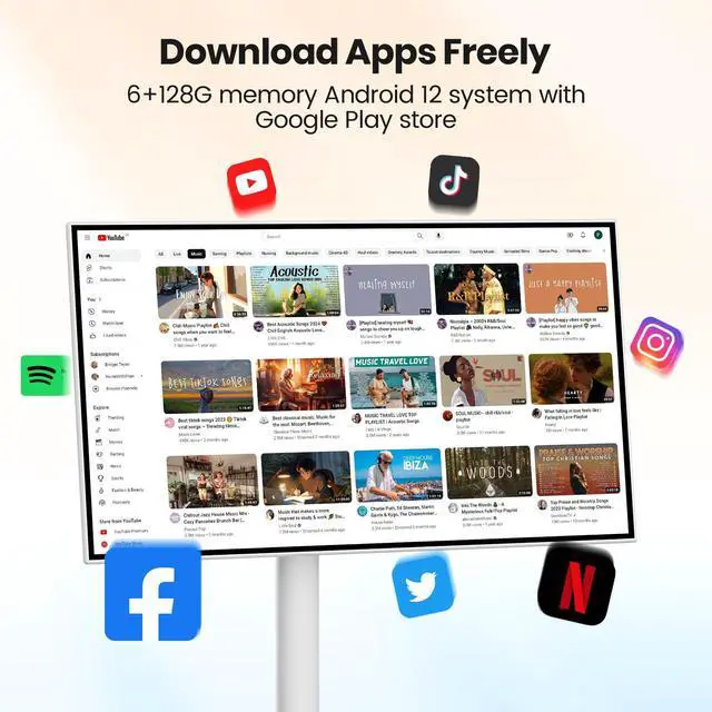 Alt view image 4 of 5 - HotYeah 21.5-Inch Portable Smart Monitor w/Camera, Wireless 1080P Incell Touch Screen TV Monitor, Android12 (Support Google Store), Full Swivel Rotation, Built-in Battery(4-6H), 6+128G