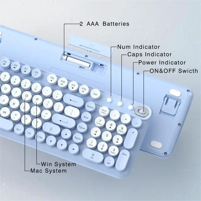 Alt view image 3 of 5 - Links9+ Wireless Keyboard and Mouse Combo, Full-Size Retro Typewriter Keyboard Style, 2.4GHz USB Receiver, Plug-and-Play, Keyboard Mouse Set for Computer, Laptop, Windows, Mac, and PC (Blue)
