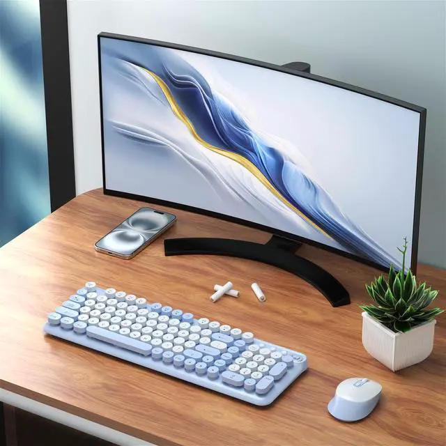 Alt view image 2 of 5 - Links9+ Wireless Keyboard and Mouse Combo, Full-Size Retro Typewriter Keyboard Style, 2.4GHz USB Receiver, Plug-and-Play, Keyboard Mouse Set for Computer, Laptop, Windows, Mac, and PC (Blue)