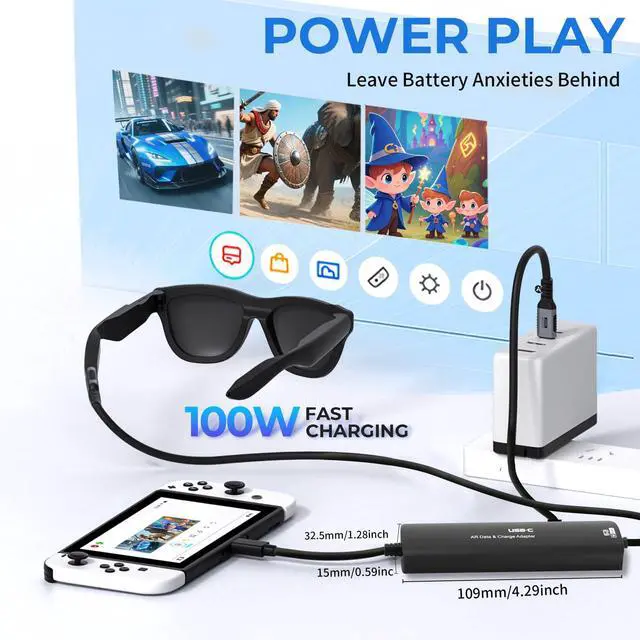 Alt view image 2 of 5 - Guermok 5-in-1 USB-C to AR Glasses Adapter, 100W PD Fast Charging, 8K@60Hz Video, USB/USB-C Ports  Works with AR Glasses Devices, Handheld Consoles, Switch, USBC Phones and Laptops, Black