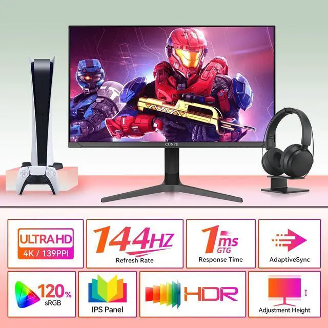 Alt view image 2 of 5 - CUNPU 32 Inch 4k Gaming Monitor, 144Hz UHD Fast IPS Panel, 1ms GTG, sRGB 120%,10 Bit, Gsync & FreeSync, Support Xbox PS5 4k 120Hz VRR ALLM, HDMI 2.1,DP 1.4, Height/Vertical Adjustment