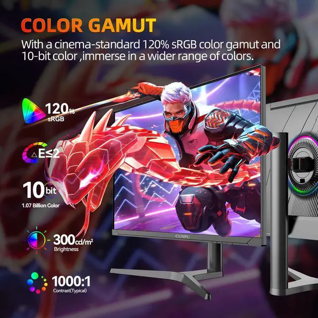 Alt view image 4 of 5 - CUNPU 32 Inch 4k Gaming Monitor, 144Hz UHD Fast IPS Panel, 1ms GTG, sRGB 120%,10 Bit, Gsync & FreeSync, Support Xbox PS5 4k 120Hz VRR ALLM, HDMI 2.1,DP 1.4, Height/Vertical Adjustment
