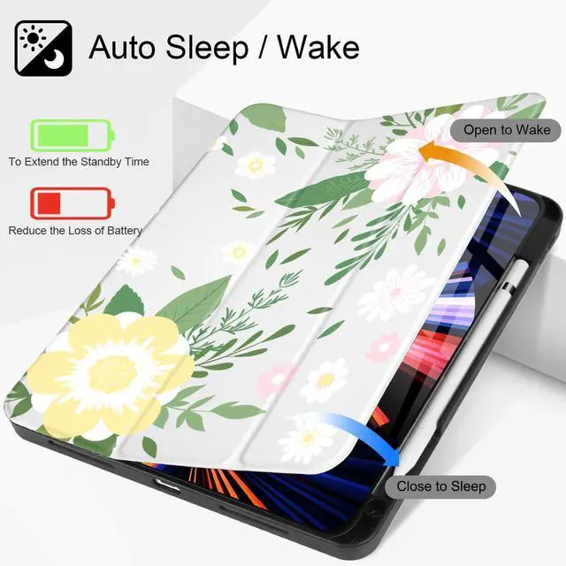 Alt view image 2 of 5 - Tuiklol Case for iPad Pro 12.9 inch M2 Generation 6th / 5th / 4th / 3rd 2022 2021 2020 2018 Release - Built in Pencil Holder Slim Protective Cover with Auto Wake/Sleep, Flowers White