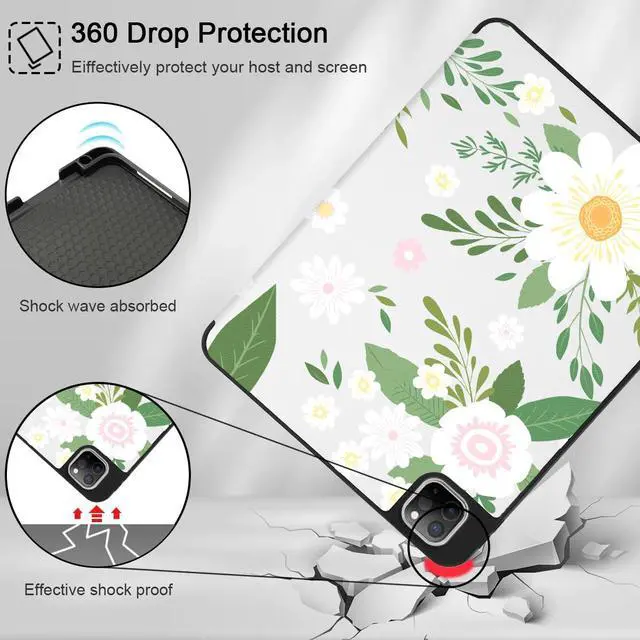 Alt view image 5 of 5 - Tuiklol Case for iPad Pro 12.9 inch M2 Generation 6th / 5th / 4th / 3rd 2022 2021 2020 2018 Release - Built in Pencil Holder Slim Protective Cover with Auto Wake/Sleep, Flowers White