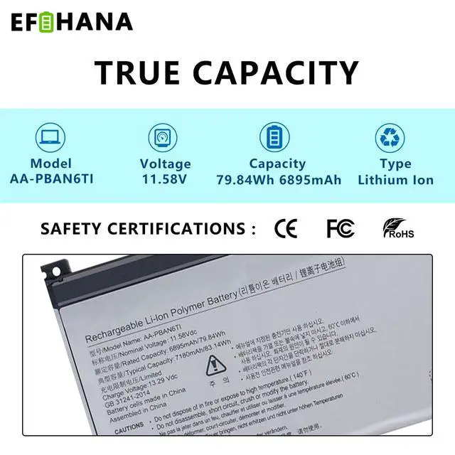 Alt view image 2 of 5 - EFOHANA AA-PBAN6TI Laptop Battery Replacement for Samsung Galaxy Book Odyssey NP760XDA NP762XDA-XA1US NP762XDA-XA2US NP762XDA-XA3US Series HQ8X13LB02AD HQ8X13K10360 3ICP7/52/58-2 11.58V 79.84Wh