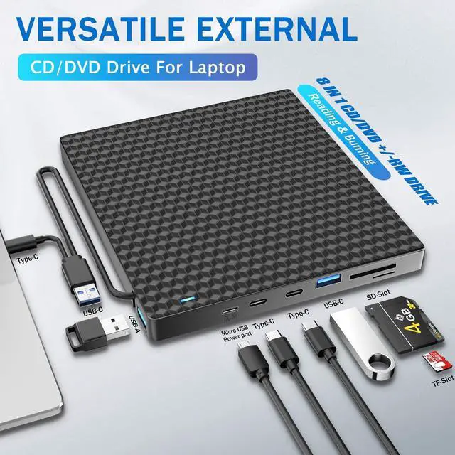 Alt view image 2 of 5 - External CD DVD Drive for Laptop, USB 3.0 Optical Disc Drive,4 USB Ports and 2 TF/SD Card Slots,Portable CD/DVD Burner CD ROM External DVD Drive for Laptop Desktop PC Windows 11/10/8/7/XP Linux Mac OS