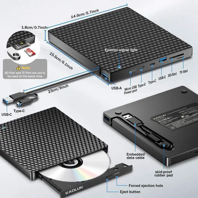 Alt view image 3 of 5 - External CD DVD Drive for Laptop, USB 3.0 Optical Disc Drive,4 USB Ports and 2 TF/SD Card Slots,Portable CD/DVD Burner CD ROM External DVD Drive for Laptop Desktop PC Windows 11/10/8/7/XP Linux Mac OS