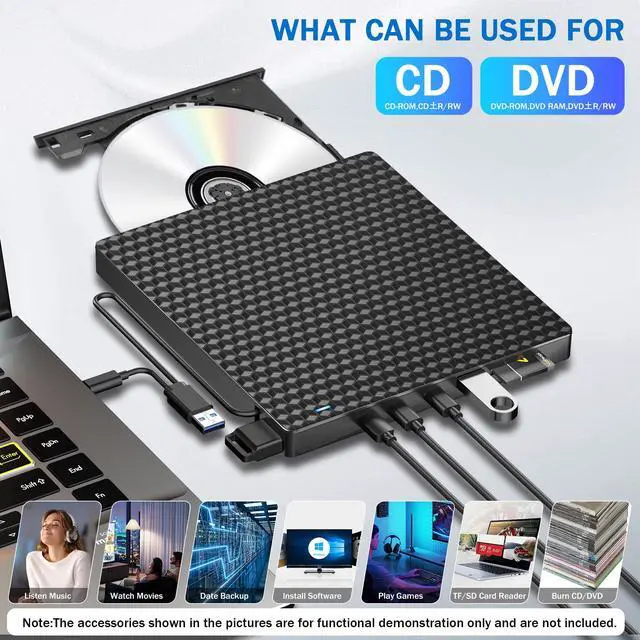 Alt view image 5 of 5 - External CD DVD Drive for Laptop, USB 3.0 Optical Disc Drive,4 USB Ports and 2 TF/SD Card Slots,Portable CD/DVD Burner CD ROM External DVD Drive for Laptop Desktop PC Windows 11/10/8/7/XP Linux Mac OS