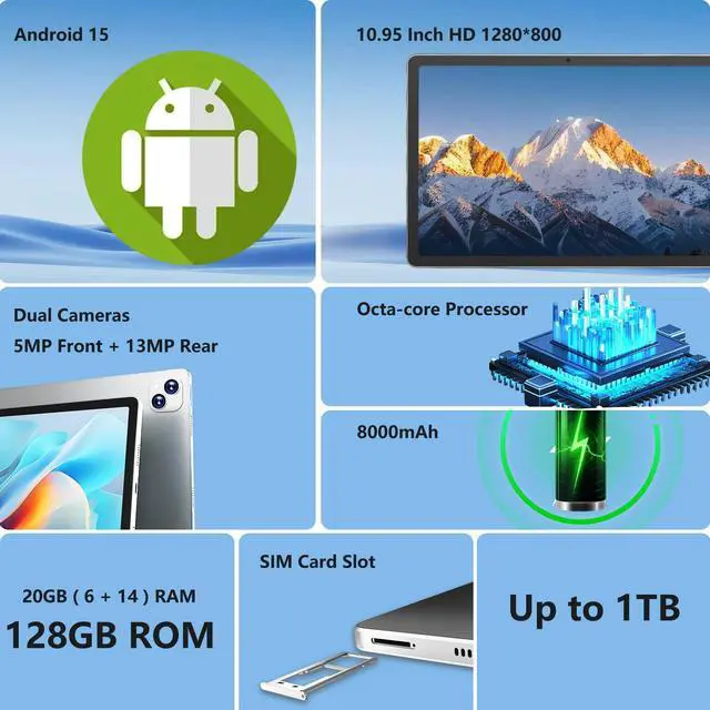 Alt view image 2 of 5 - JREN 11" Android 15 Tablet 128GB with Keyboard & Mouse, 4G LTE Unlocked Tablet with SIM Card Slot, 20GB RAM, 5G WiFi, Octa-Core 2.0GHz, 13MP+5MP Cameras, 8000mAh Battery, Quad Speakers Silver