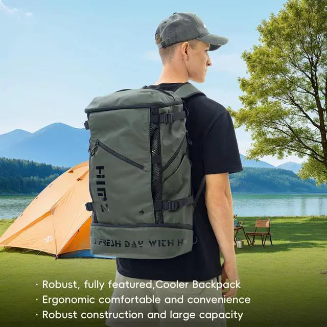 Alt view image 2 of 5 - HIMZ WARRIOR Waterproof Camping Backpack with Lunch Compartment, Mens Backpack Insulated for Work, 17 inch Laptop Bag, Carry On Backpacks for Airplane Beach Travel, Green