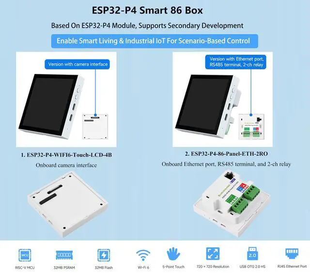 Alt view image 3 of 5 - ESP32-P4 Smart 86 Box Development Board, ESP32-P4 with 4inch 720 x 720 Touch Screen, Support AI Voice Interaction, Enable Smart Living&Industrial IoT for Scenario-Based Control, Camera Interface