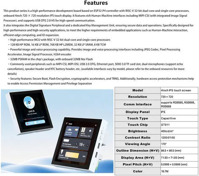 Alt view image 2 of 5 - ESP32-P4 Smart 86 Box Development Board, ESP32-P4 with 4inch 720 x 720 Touch Screen, Support AI Voice Interaction, Enable Smart Living&Industrial IoT for Scenario-Based Control, Camera Interface