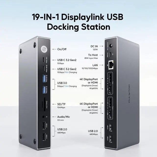 Alt view image 2 of 5 - PULWTOP Displaylink Docking Station, USB C DisplayLink Dock Dual Displays for MacBook M1/M2/M3/M4 Windows, 4K@60Hz Displaylink Dock with 2 HDMI, 2 Display Port, 2USB C Data, 6 USBA, Ethernet, Audio