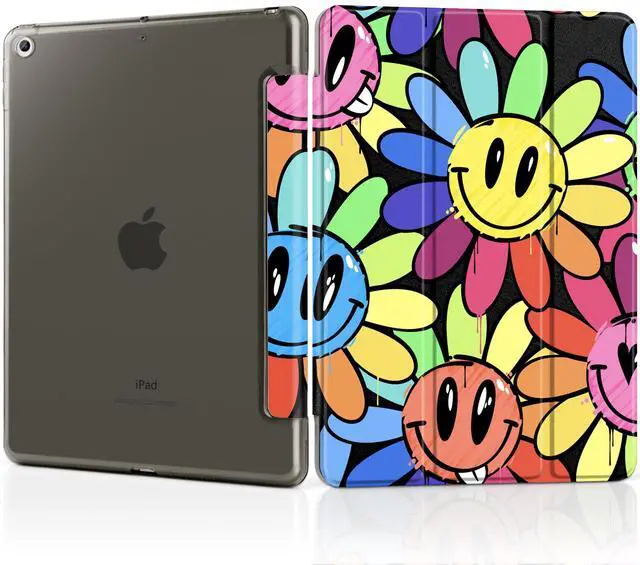 Main image of MEEgoodo Case for iPad 10.2 inch, Case for iPad 9th Generation 2021/ 8th Generation 2020/ 7th Gen 2019, Tablet Cover with Silk Texture & PC Back Cover, Graffiti Smiling & Flowers