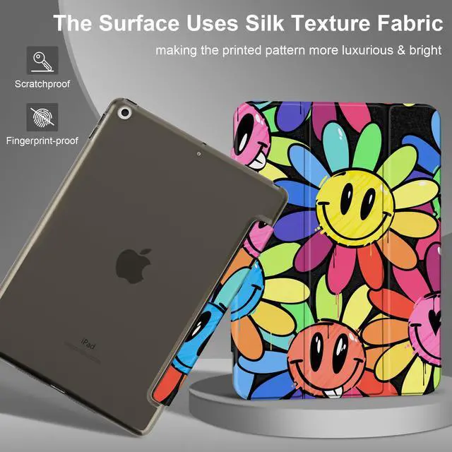 Alt view image 2 of 5 - MEEgoodo Case for iPad 10.2 inch, Case for iPad 9th Generation 2021/ 8th Generation 2020/ 7th Gen 2019, Tablet Cover with Silk Texture & PC Back Cover, Graffiti Smiling & Flowers