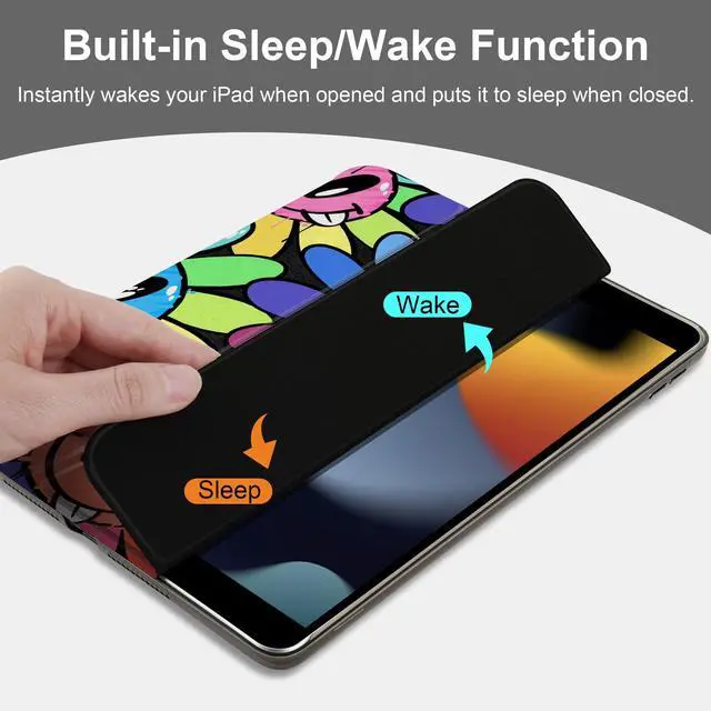 Alt view image 4 of 5 - MEEgoodo Case for iPad 10.2 inch, Case for iPad 9th Generation 2021/ 8th Generation 2020/ 7th Gen 2019, Tablet Cover with Silk Texture & PC Back Cover, Graffiti Smiling & Flowers