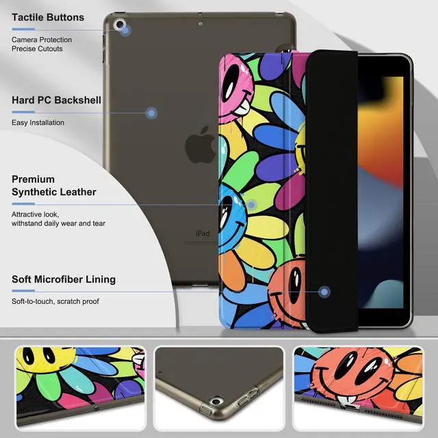 Alt view image 3 of 5 - MEEgoodo Case for iPad 10.2 inch, Case for iPad 9th Generation 2021/ 8th Generation 2020/ 7th Gen 2019, Tablet Cover with Silk Texture & PC Back Cover, Graffiti Smiling & Flowers
