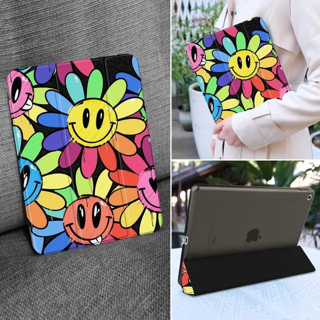Alt view image 5 of 5 - MEEgoodo Case for iPad 10.2 inch, Case for iPad 9th Generation 2021/ 8th Generation 2020/ 7th Gen 2019, Tablet Cover with Silk Texture & PC Back Cover, Graffiti Smiling & Flowers
