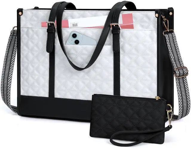 Main image of IGOLUMON Laptop Bag for Women 15.6 Inch Vegan Leather Work Tote Bag Quilted Womens Briefcase Designer Laptop Bags for Office Teacher College Cute Computer Bag with Purse Professional Black with White