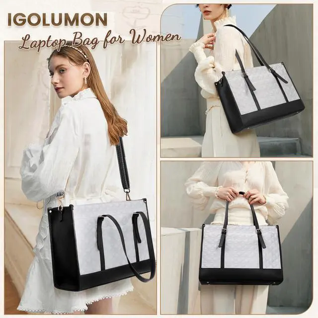 Alt view image 4 of 5 - IGOLUMON Laptop Bag for Women 15.6 Inch Vegan Leather Work Tote Bag Quilted Womens Briefcase Designer Laptop Bags for Office Teacher College Cute Computer Bag with Purse Professional Black with White