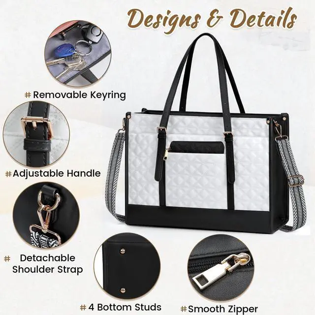 Alt view image 3 of 5 - IGOLUMON Laptop Bag for Women 15.6 Inch Vegan Leather Work Tote Bag Quilted Womens Briefcase Designer Laptop Bags for Office Teacher College Cute Computer Bag with Purse Professional Black with White