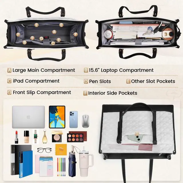 Alt view image 2 of 5 - IGOLUMON Laptop Bag for Women 15.6 Inch Vegan Leather Work Tote Bag Quilted Womens Briefcase Designer Laptop Bags for Office Teacher College Cute Computer Bag with Purse Professional Black with White