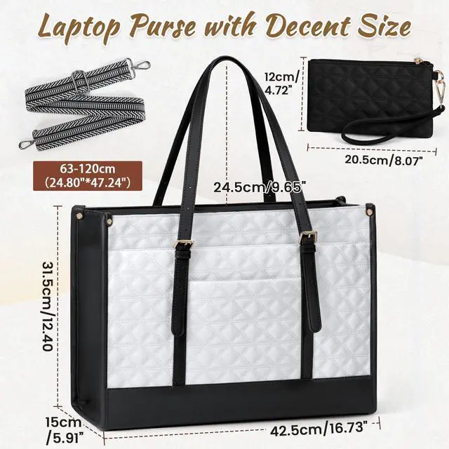 Alt view image 5 of 5 - IGOLUMON Laptop Bag for Women 15.6 Inch Vegan Leather Work Tote Bag Quilted Womens Briefcase Designer Laptop Bags for Office Teacher College Cute Computer Bag with Purse Professional Black with White