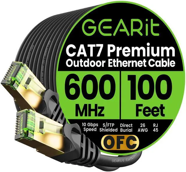 Main image of GEARit Cat7 Outdoor Ethernet Cable (100ft) SFTP Shielded Foil Twisted Pair, Pure Copper, LLDPE, Waterproof, Direct Burial, In-Ground, UV Resistant, POE, Network, LAN, Internet, Cat 7-100 Feet