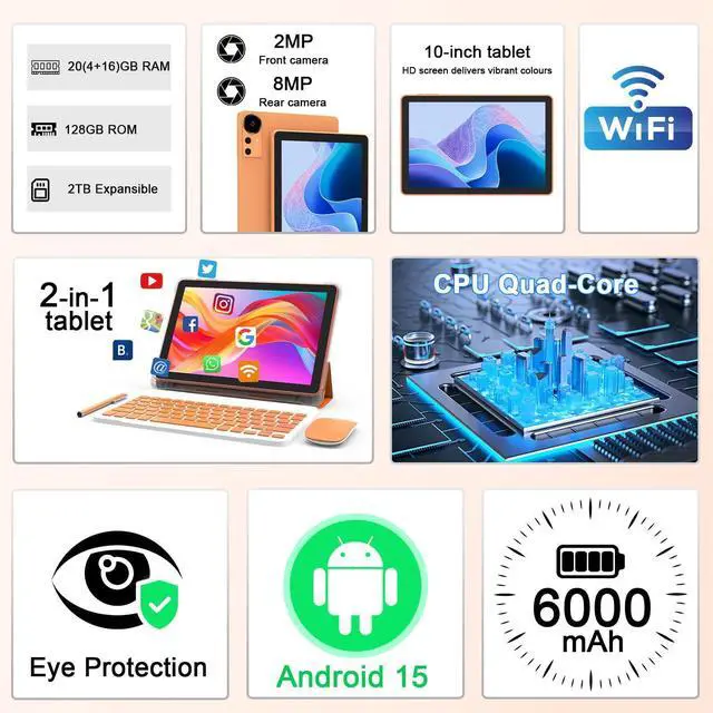 Alt view image 2 of 5 - CUPEISI Android 15 Tablet 10 Inch, 20GB RAM+128GB ROM/2TB Expandable, 2.0GHz Quad-core Processor, 1280*800 HD Screen, 5G WiFi6 BT5.0, 2 in 1 Tablets with Keyboard Case Mouse Stylus, Widevine L1 Orange