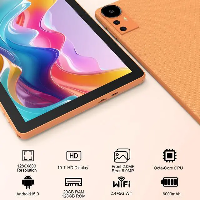 Alt view image 3 of 5 - CUPEISI Android 15 Tablet 10 Inch, 20GB RAM+128GB ROM/2TB Expandable, 2.0GHz Quad-core Processor, 1280*800 HD Screen, 5G WiFi6 BT5.0, 2 in 1 Tablets with Keyboard Case Mouse Stylus, Widevine L1 Orange