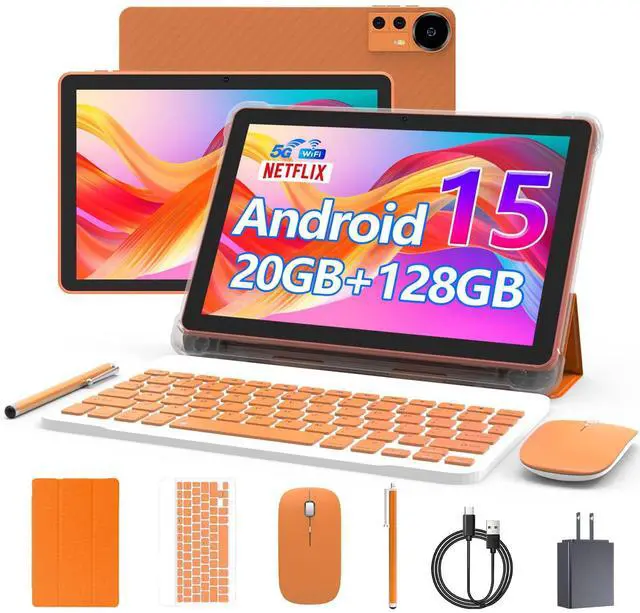 Main image of CUPEISI Android 15 Tablet 10 Inch, 20GB RAM+128GB ROM/2TB Expandable, 2.0GHz Quad-core Processor, 1280*800 HD Screen, 5G WiFi6 BT5.0, 2 in 1 Tablets with Keyboard Case Mouse Stylus, Widevine L1 Orange
