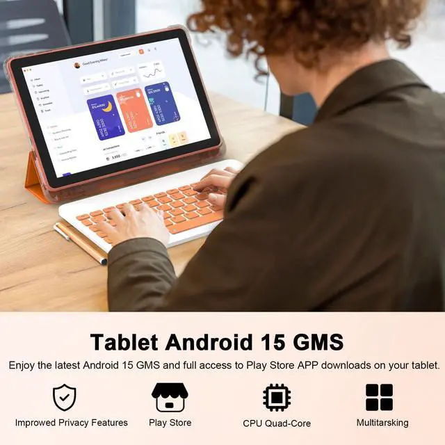 Alt view image 4 of 5 - CUPEISI Android 15 Tablet 10 Inch, 20GB RAM+128GB ROM/2TB Expandable, 2.0GHz Quad-core Processor, 1280*800 HD Screen, 5G WiFi6 BT5.0, 2 in 1 Tablets with Keyboard Case Mouse Stylus, Widevine L1 Orange