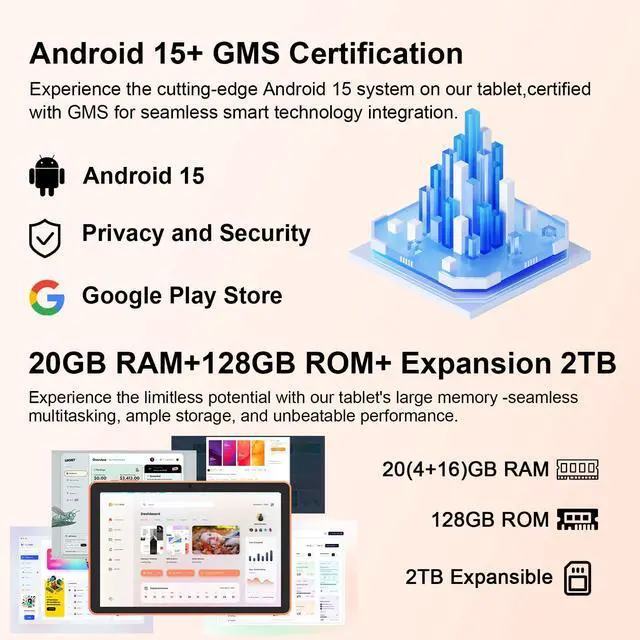 Alt view image 5 of 5 - CUPEISI Android 15 Tablet 10 Inch, 20GB RAM+128GB ROM/2TB Expandable, 2.0GHz Quad-core Processor, 1280*800 HD Screen, 5G WiFi6 BT5.0, 2 in 1 Tablets with Keyboard Case Mouse Stylus, Widevine L1 Orange