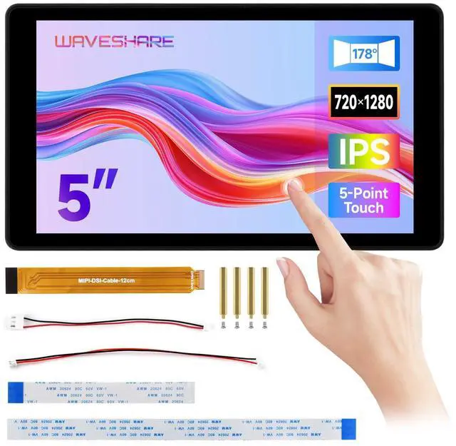 Main image of Waveshare 5inch DSI Capacitive Touch Display, Compatible with Raspberry Pi 5/4B/3B+/3A+, 720 × 1280, IPS, Optical Bonding Toughened Glass Panel, DSI Interface, 5-Point Touch, Aluminum Alloy Case