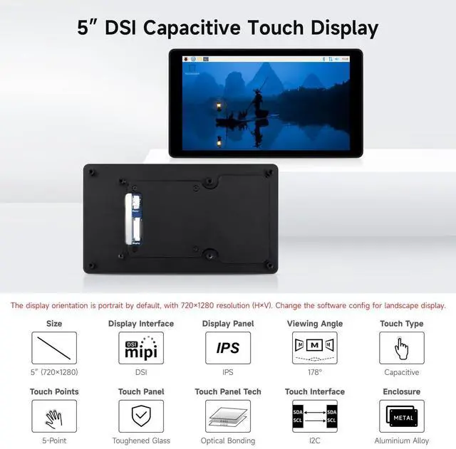 Alt view image 3 of 5 - Waveshare 5inch DSI Capacitive Touch Display, Compatible with Raspberry Pi 5/4B/3B+/3A+, 720 × 1280, IPS, Optical Bonding Toughened Glass Panel, DSI Interface, 5-Point Touch, Aluminum Alloy Case