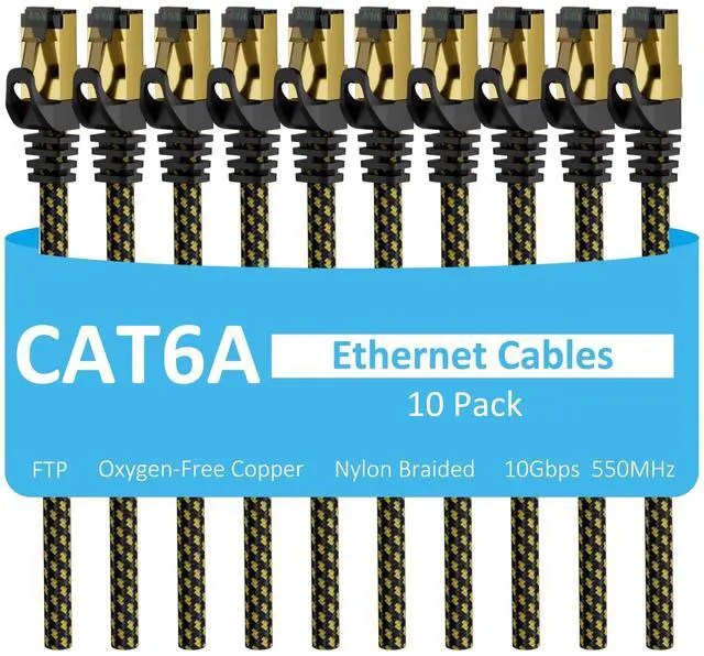 Main image of Cat6A Ethernet Cables 2 FT (10-Pack), Snagless CAT6 RJ45 10Gbps Ethernet Cable, FTP Shielded Ethernet Patch Cord, Cat6 Internet Network LAN Cable, OFC, Nylon Braided Cat 6 Cable, Gold-Plated Plug