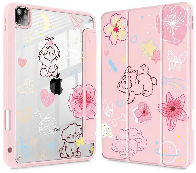 May Chen for iPad Pro 11 inch M2 4th Generation 2022, iPad Pro 11 3rd/2nd/1st Gen, Case with Transparent Shockproof Back Cover [Built-in Pencil Holder, Auto Sleep/Wake, Pink Flower Dog