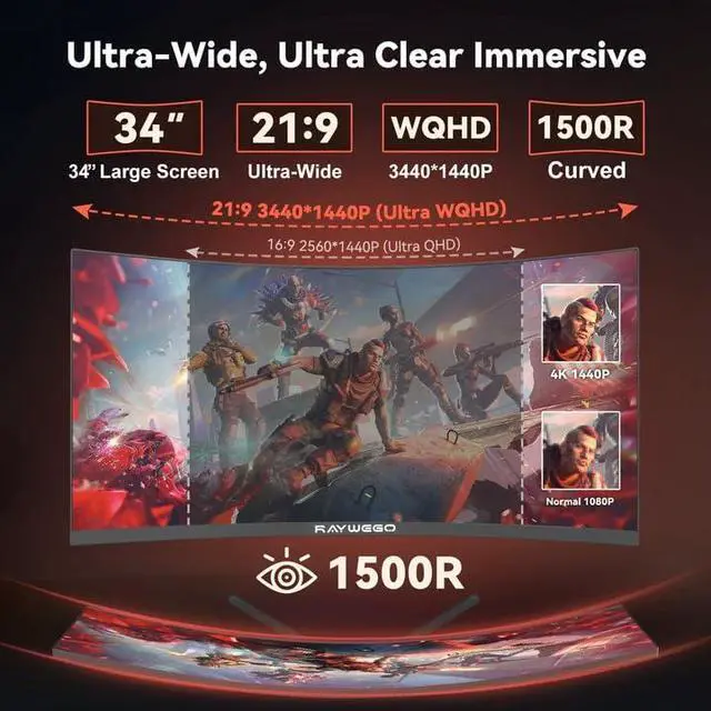 Alt view image 3 of 5 - Raywego 34 Inch Ultrawide Monitor 3440 x 1440P Curved Gaming Monitor,Swivel/Height Adjustable,21:9 Aspect Ratio with RGB Backlight,165Hz 127% sRGB 4000:1 Contrast Ratio,PIP/PBP Black,2026
